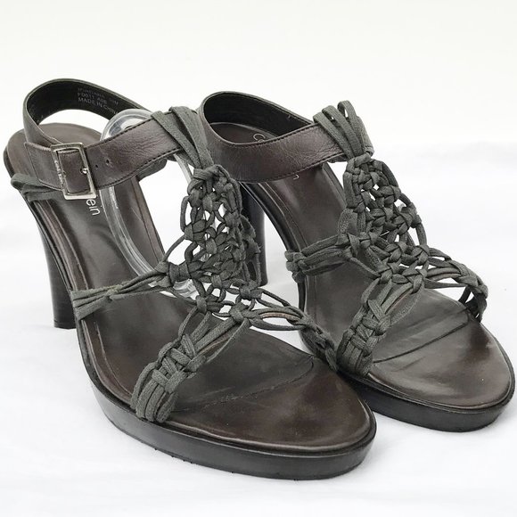 CALVIN KLEIN Brown Crochet Leather Wood Heels Sz10 - Picture 2 of 8